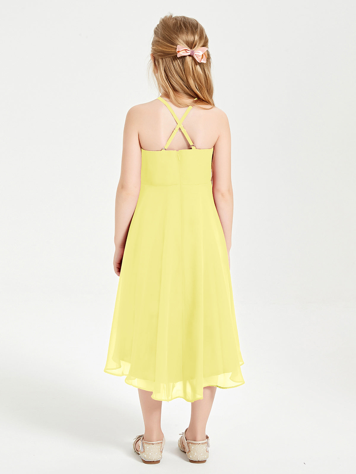Tea Length Junior Bridesmaid Dresses with Asymmetrical Skirts Lemon